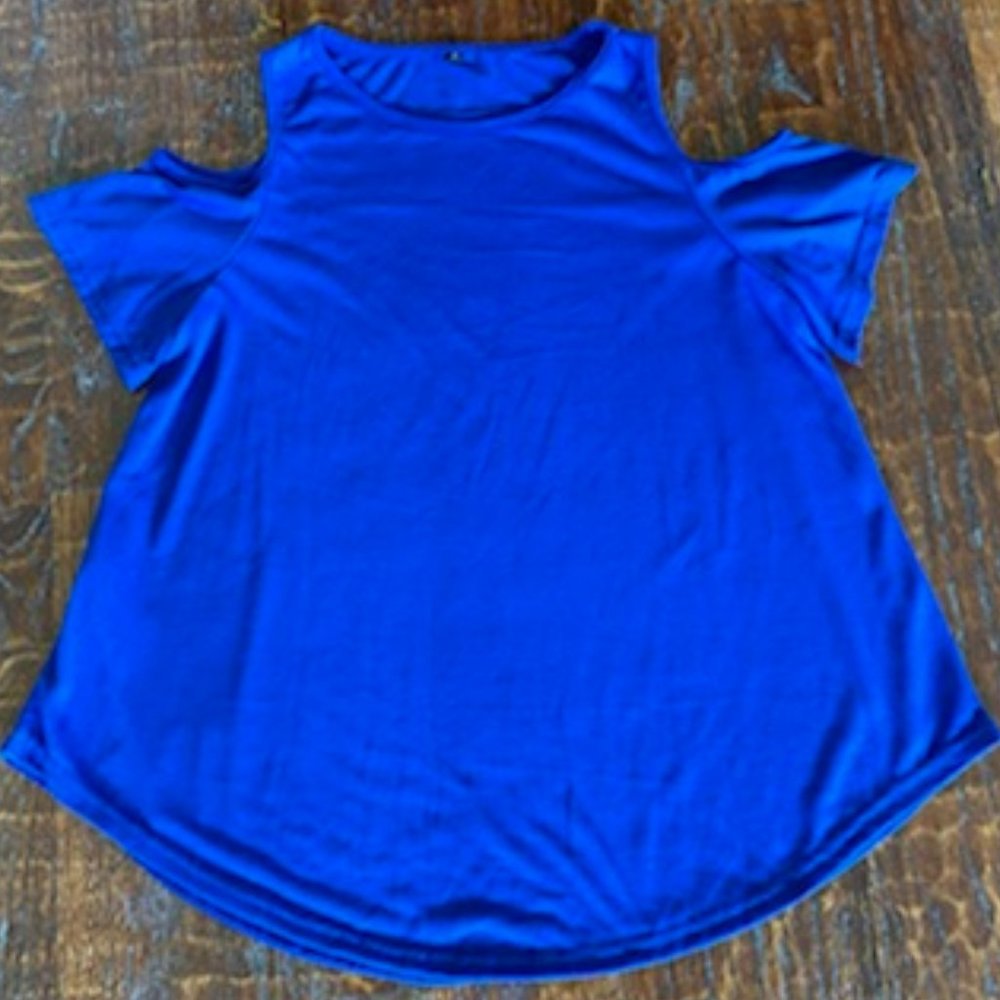 NEW * ROYAL BLUE s/s COLD SHOULDER Rounded Hem TOP * no wrinkle & STRETCH * S